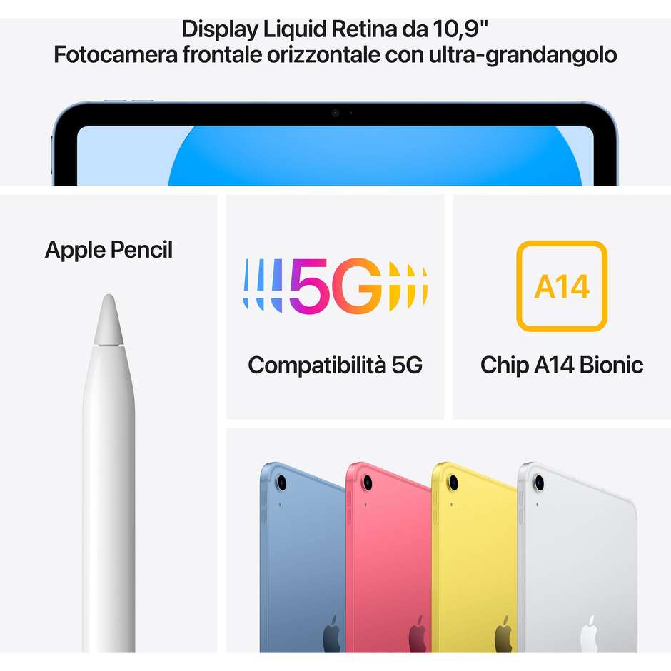Apple iPad (10^gen.) Tablet 10.9" Memoria 64 Gb Wi-Fi + Cellular iPadOS 16 colore Argento